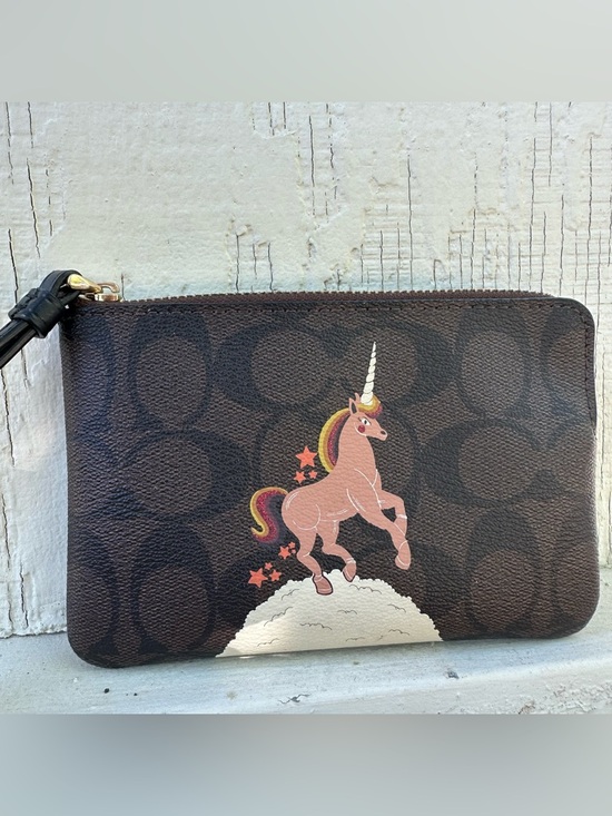 Coach Handbags - Coach Brown Signature Canvas Wristlet Wallet with Pink Unicorn and Gold Horn